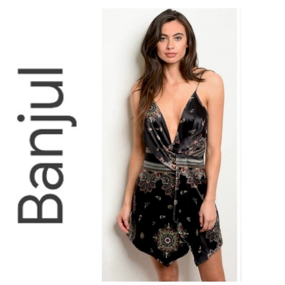 NWT Banjul Sleeveless Cowl Neck Printed Satin Party Dress in Black Combo